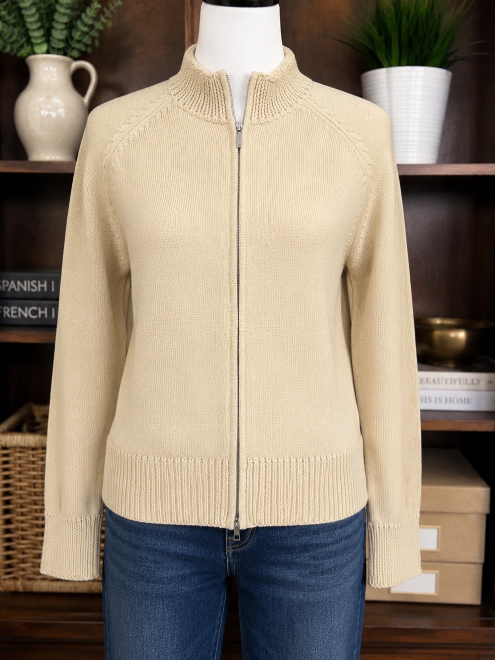 Sigrid Olsen 100% Cotton Full Zip Fall Sweater Beige Ribbed Mock Neck Women’s M